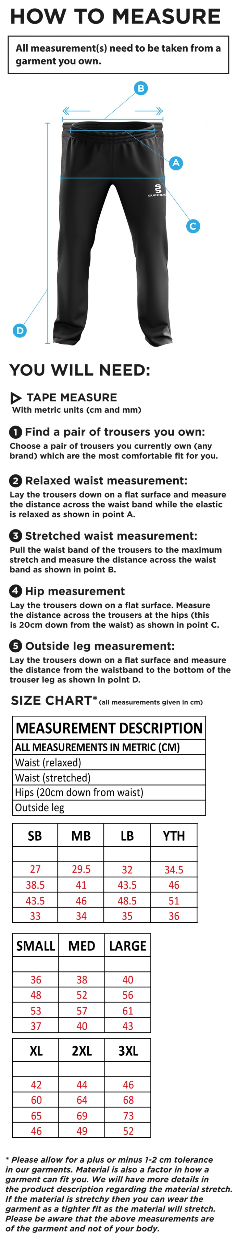 Tetherdown Trundlers CC - Ripstop Track Pant - Size Guide
