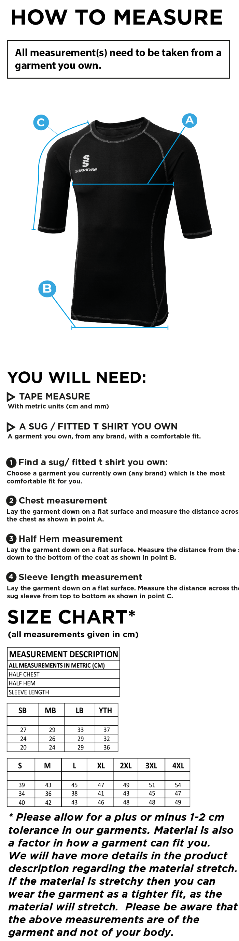 Tetherdown Trundlers CC - Premier Short Sleeve Sug - Size Guide