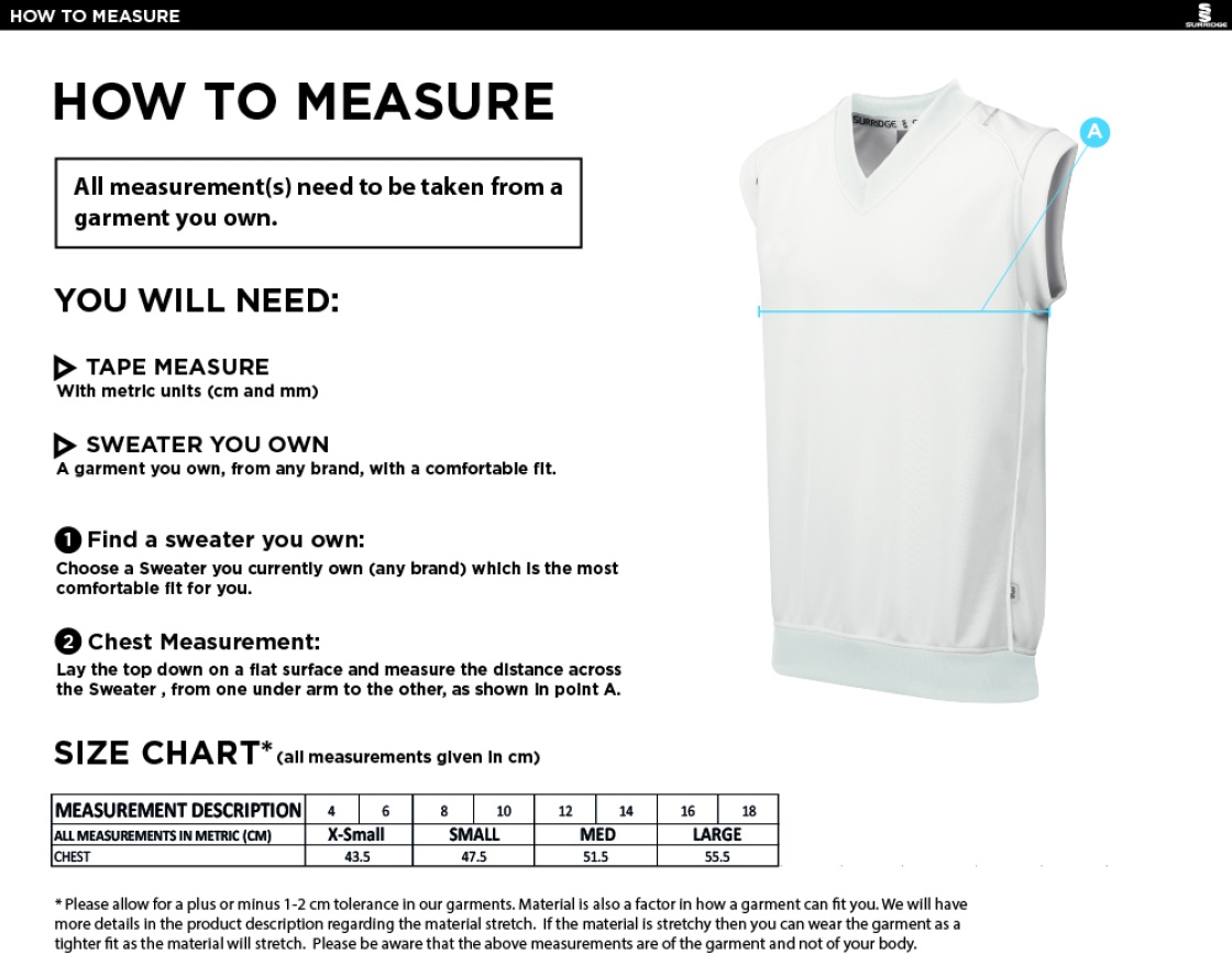 Tetherdown Trundlers CC - Blast Sleeveless Women's Cricket Sweater - Size Guide