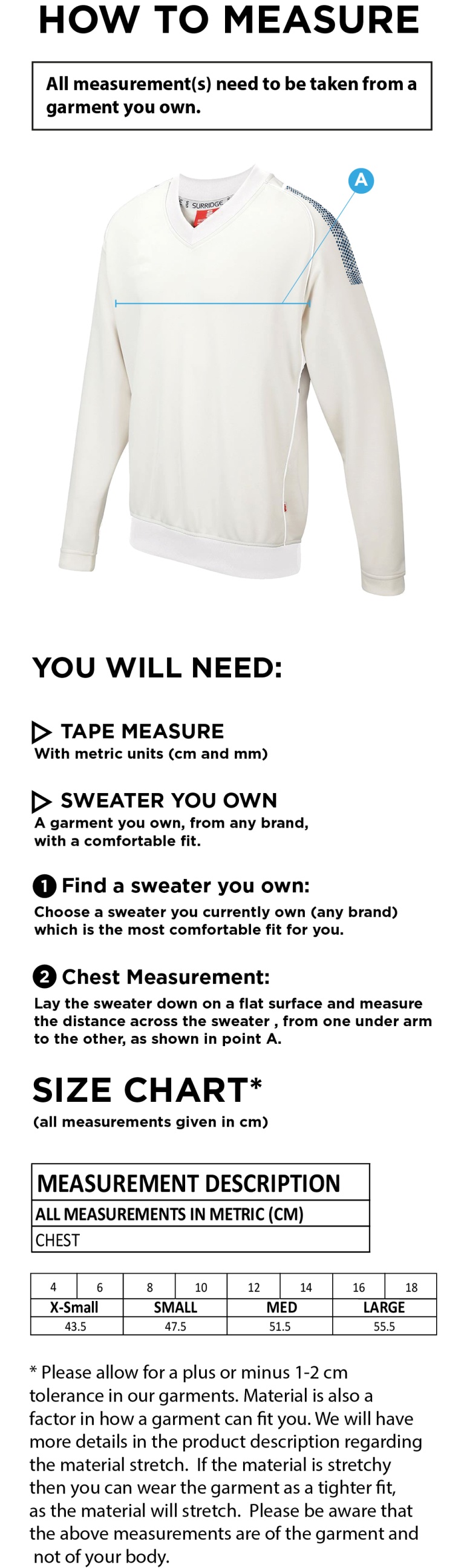 Tetherdown Trundlers CC - Blast Long Sleeve Women's Cricket Sweater - Size Guide