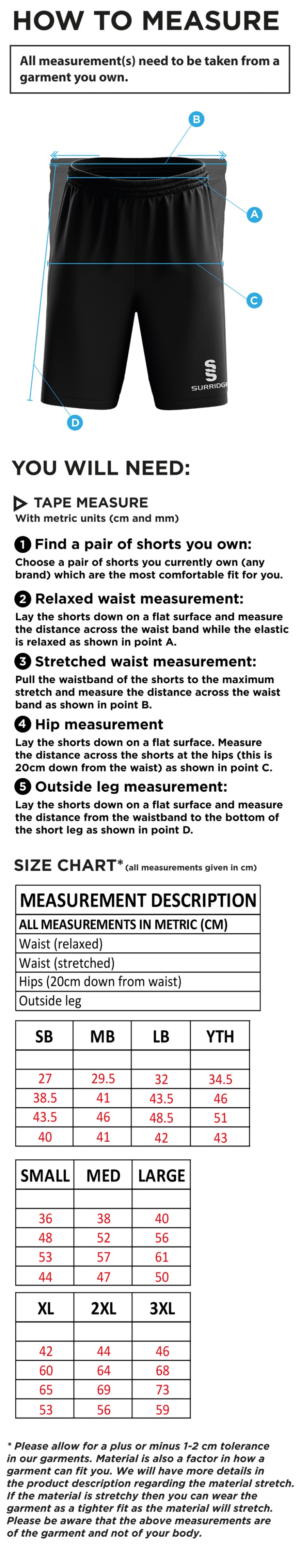 Tetherdown Trundlers CC - Blade Shorts - Size Guide