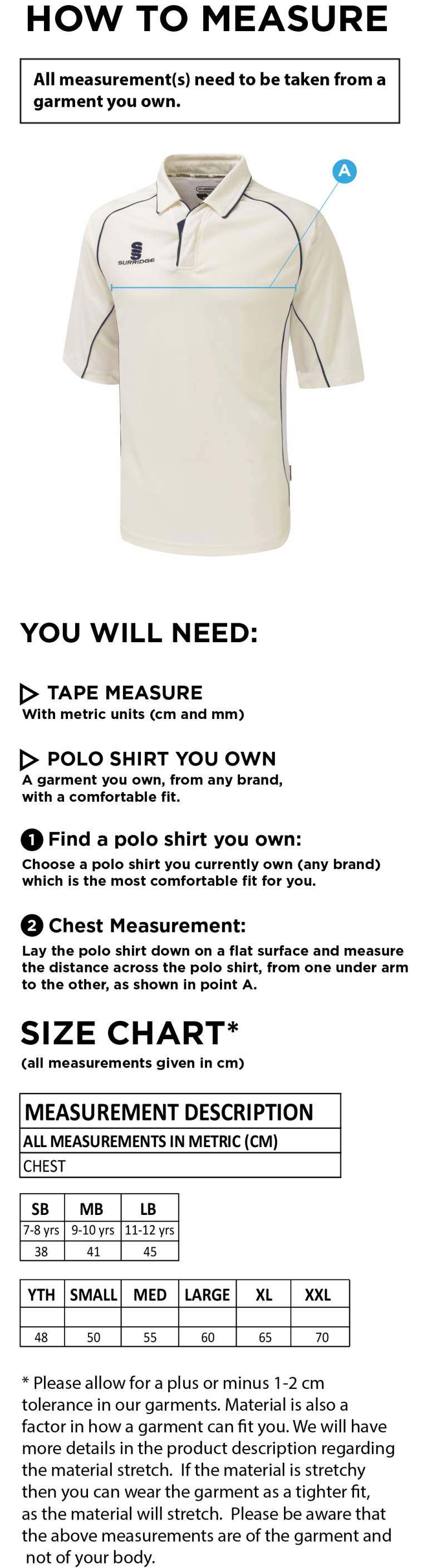 Tetherdown Trundlers CC - Premier 3/4 Sleeve Maroon Trim Shirt - Size Guide