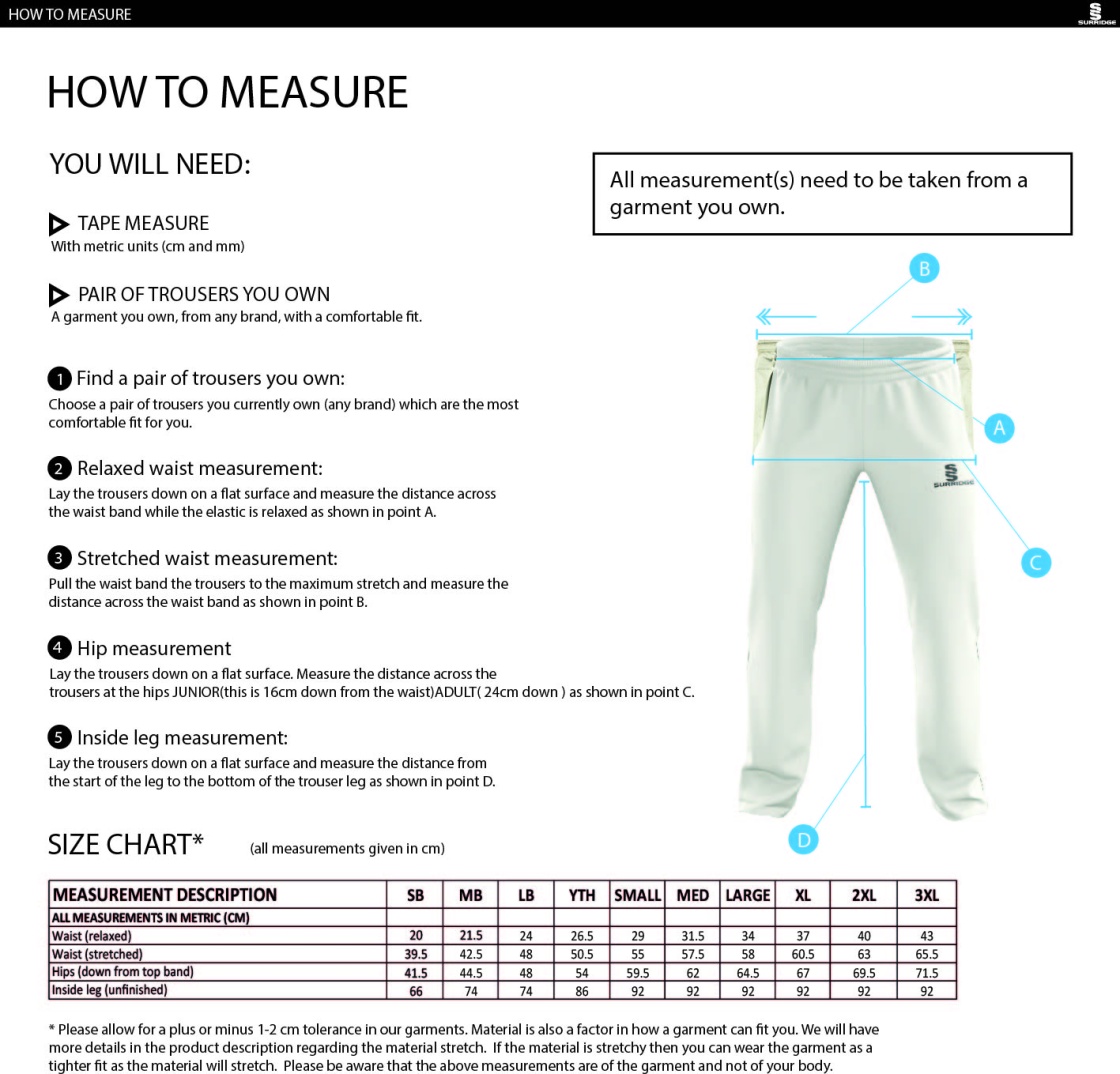 Tetherdown Trundlers CC - Standard Playing Pant - Size Guide