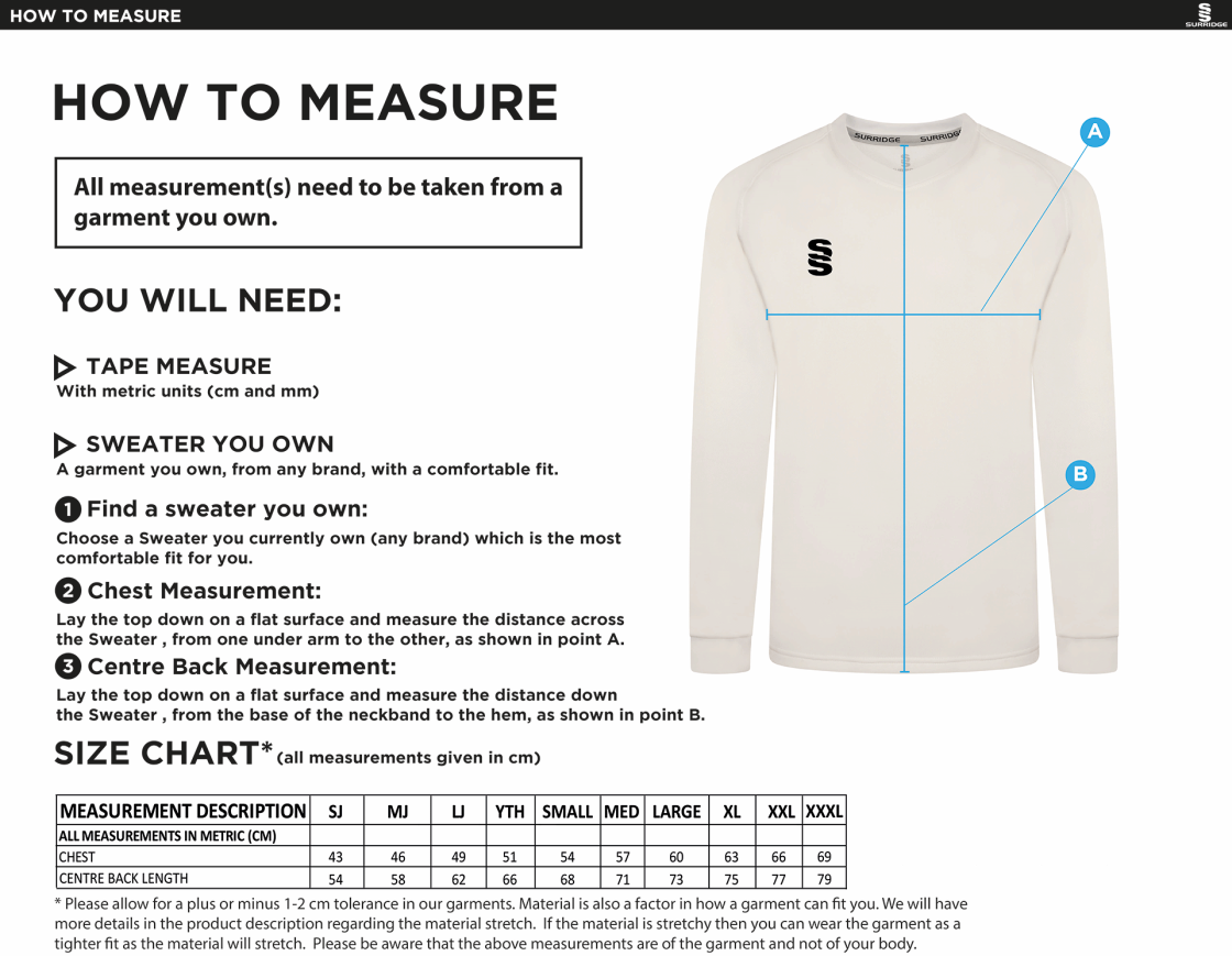 Tetherdown Trundlers CC - Blast Long Sleeve Cricket Sweater - Size Guide
