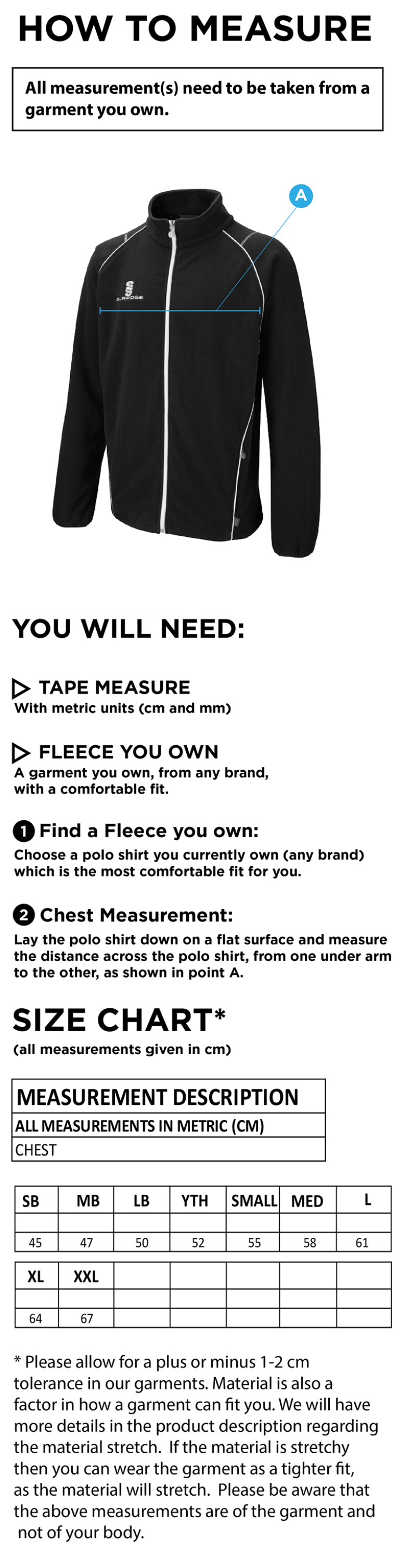 Tetherdown Trundlers CC - Full Zip Fleece Jacket - Size Guide