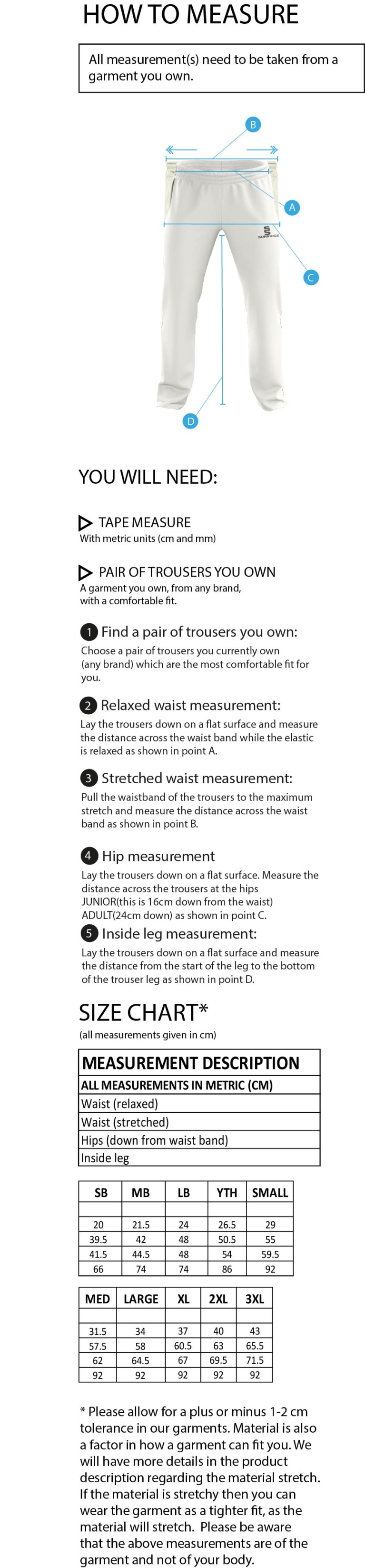 Tetherdown Trundlers CC - Standard Playing Pant - Size Guide