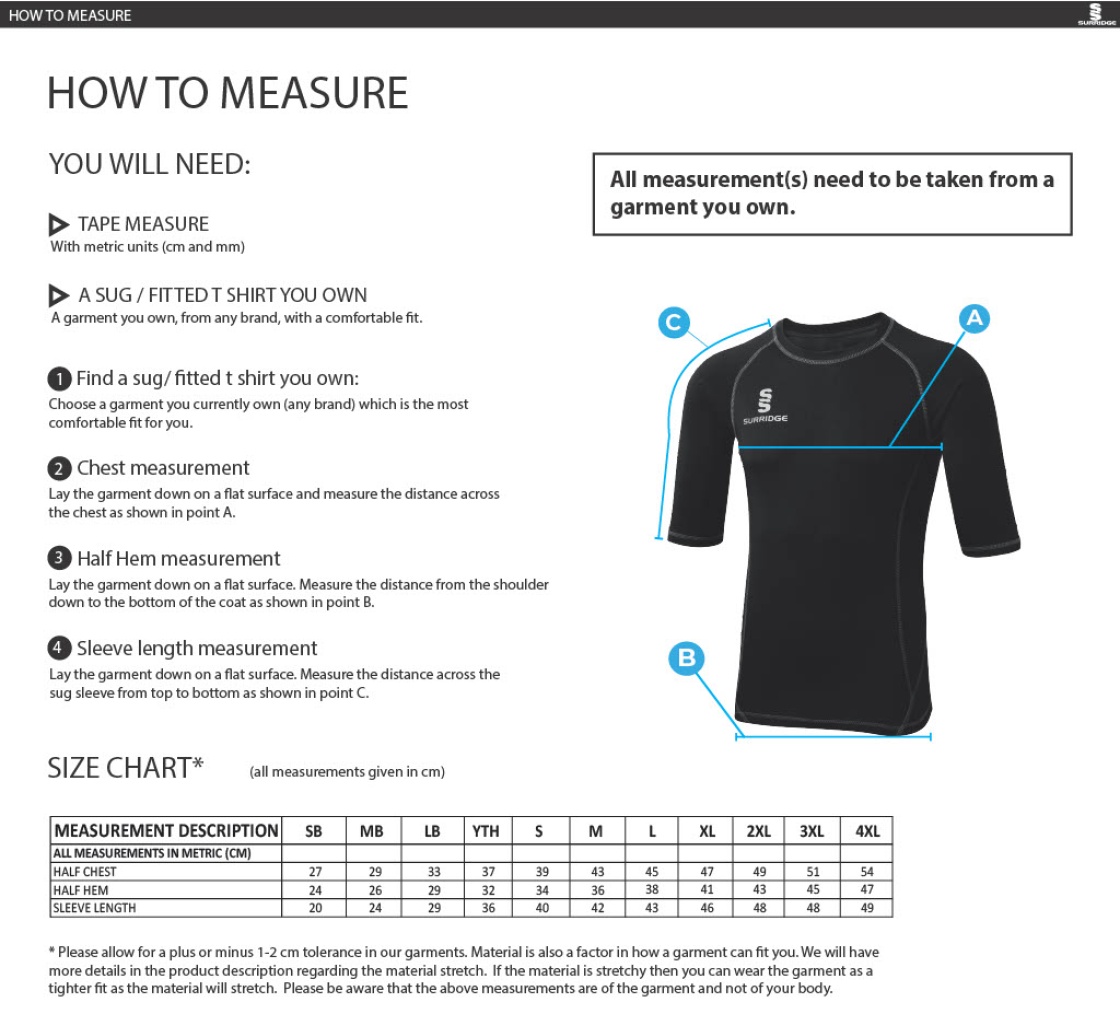 Tetherdown Trundlers CC - Premier Short Sleeve Sug - Size Guide