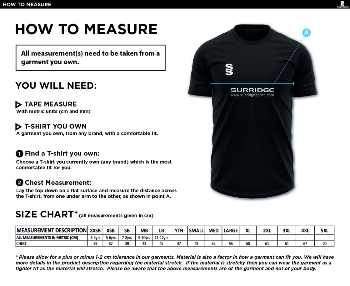Tetherdown Trundlers CC  - Blade T-shirt - Size Guide
