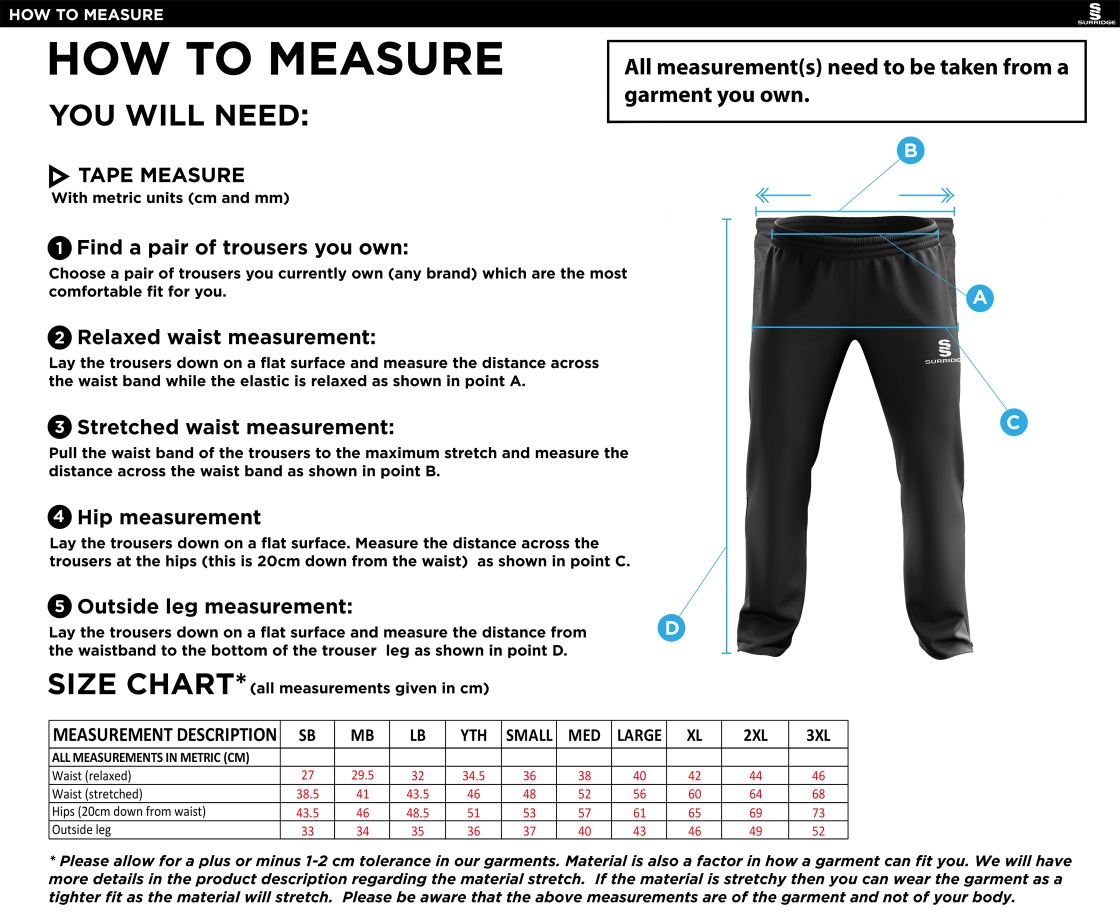 Tetherdown Trundlers CC - Ripstop Track Pant - Size Guide