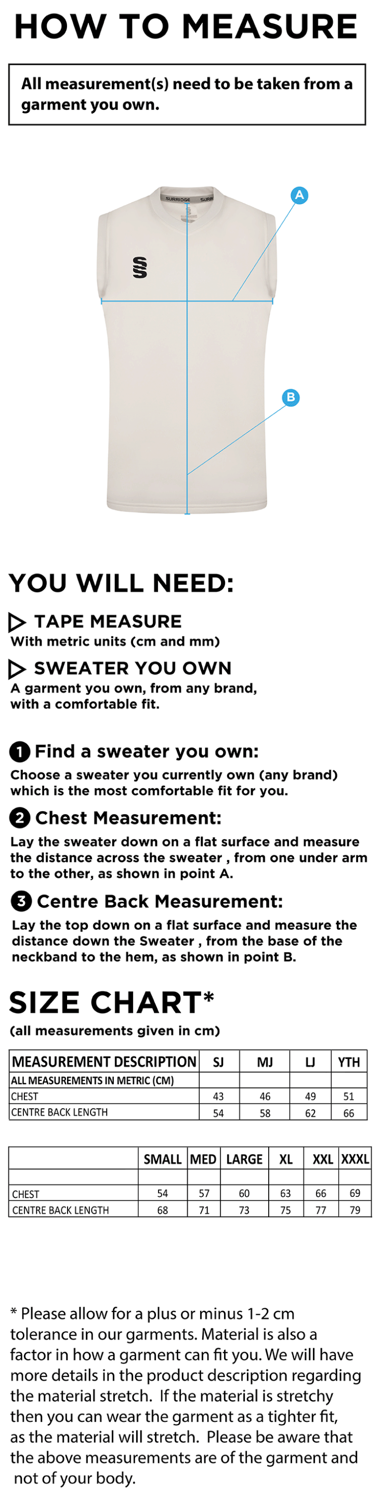 Tetherdown Trundlers CC - Blast Sleeveless Cricket Sweater - Size Guide