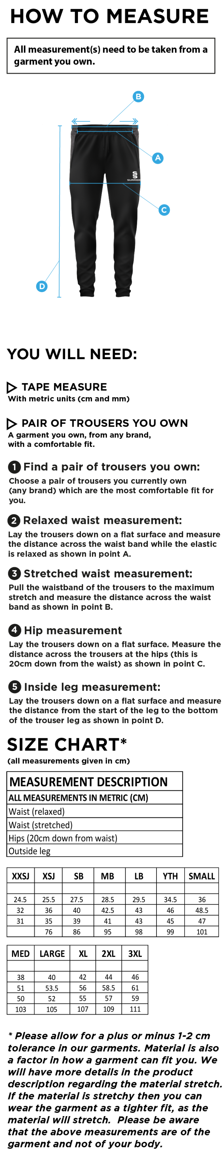 Tetherdown Trundlers CC - Tek Slim Pant - Size Guide
