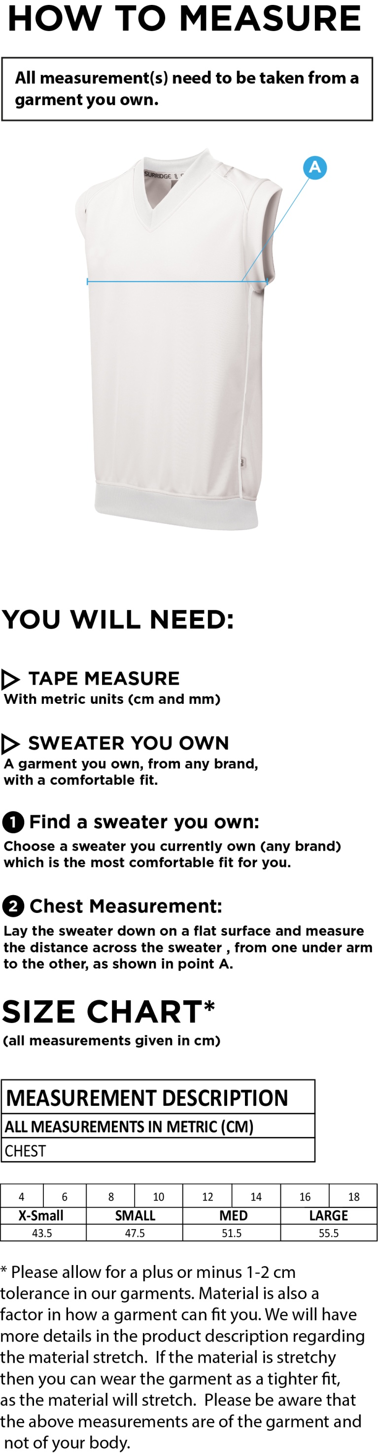 Tetherdown Trundlers CC - Blast Sleeveless Women's Cricket Sweater - Size Guide