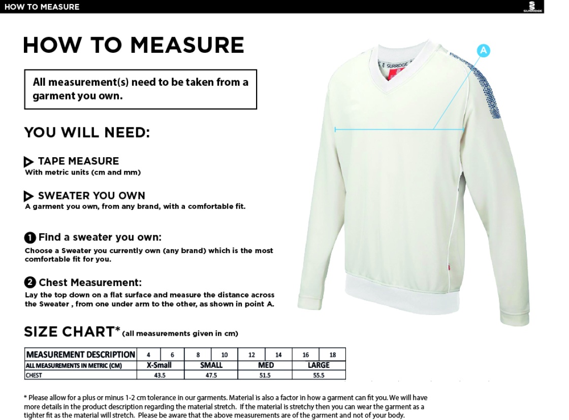 Tetherdown Trundlers CC - Blast Long Sleeve Women's Cricket Sweater - Size Guide