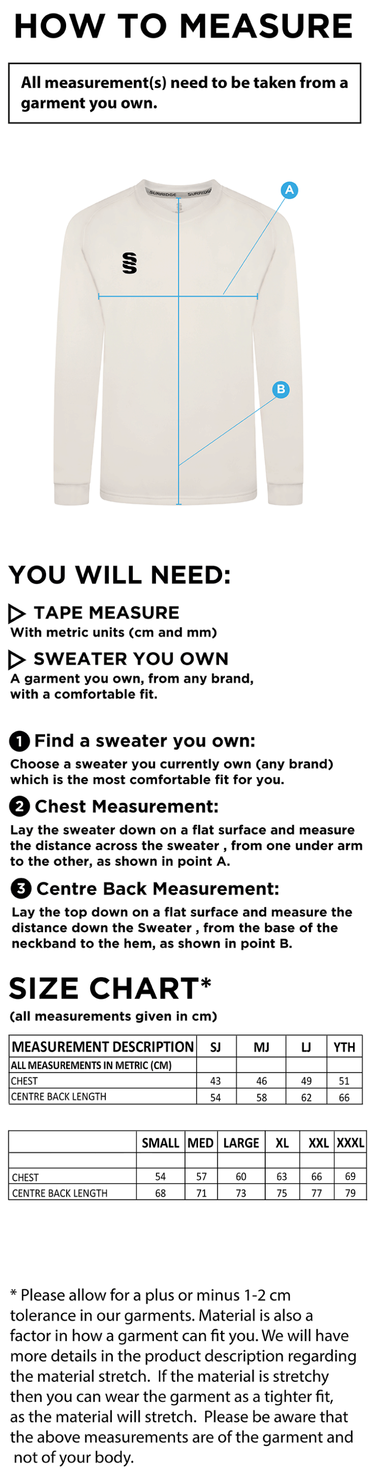 Tetherdown Trundlers CC - Blast Long Sleeve Cricket Sweater - Size Guide