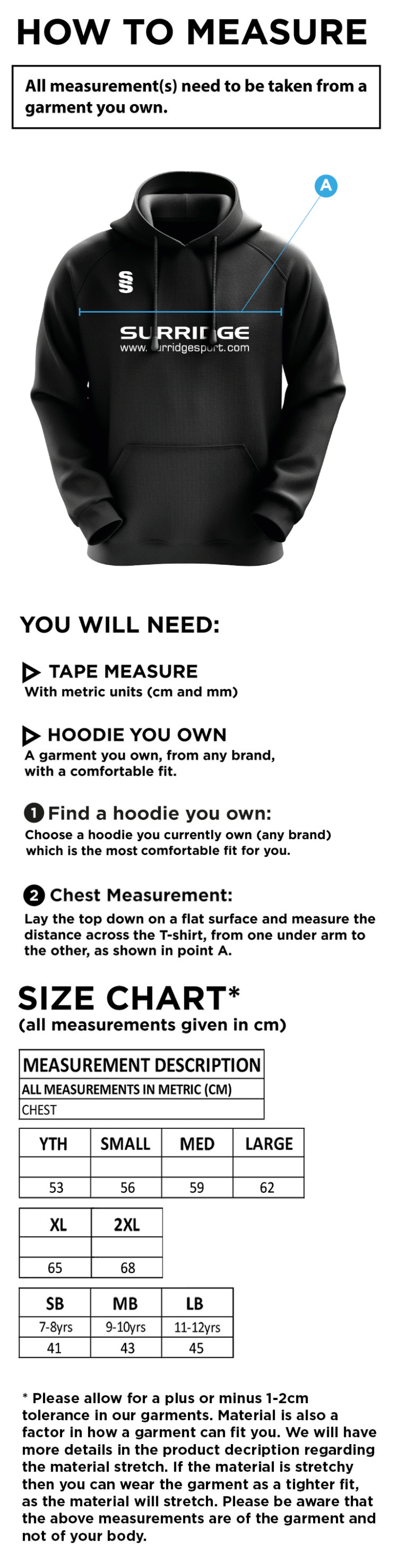 Tetherdown Trundlers CC - Blade Hoody - Size Guide