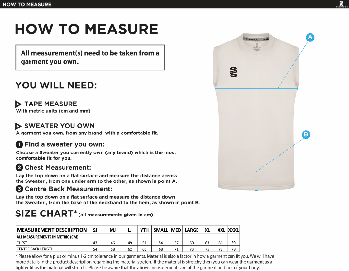 Tetherdown Trundlers CC - Blast Sleeveless Cricket Sweater - Size Guide