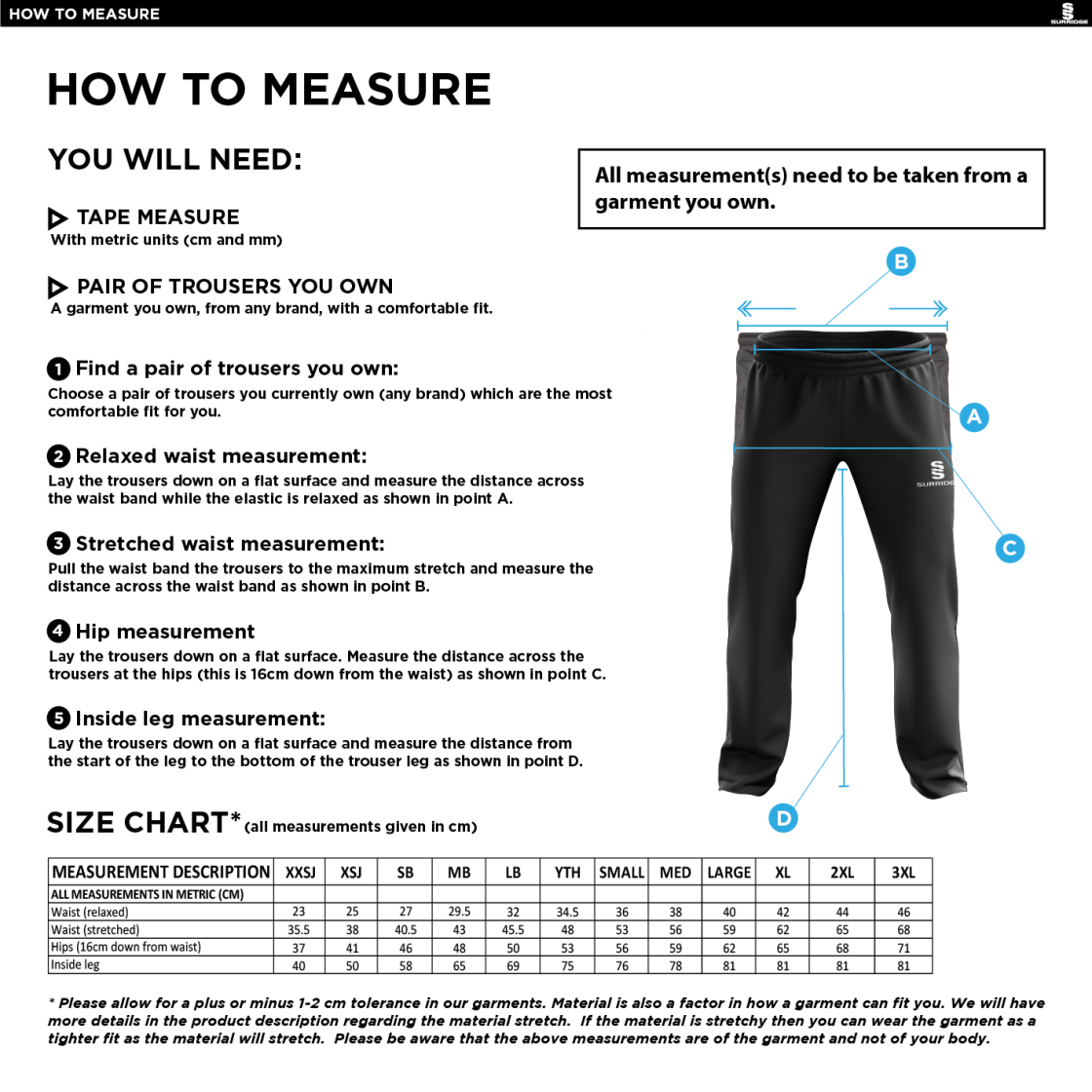 Tetherdown Trundlers CC - Poplin Track Pant - Size Guide