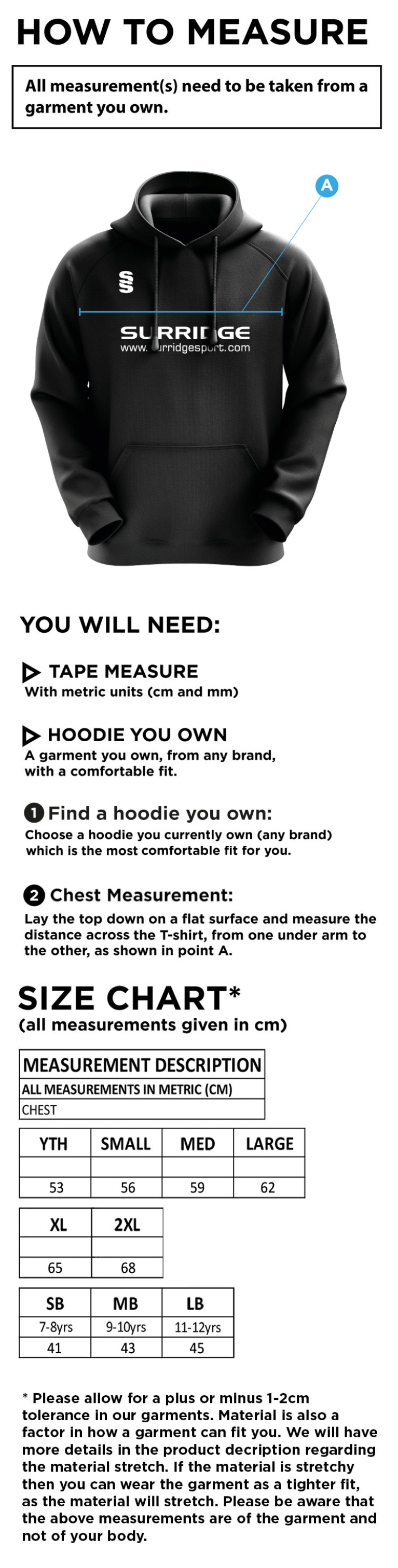 Tetherdown Trundlers CC - Blade Hoody - Size Guide