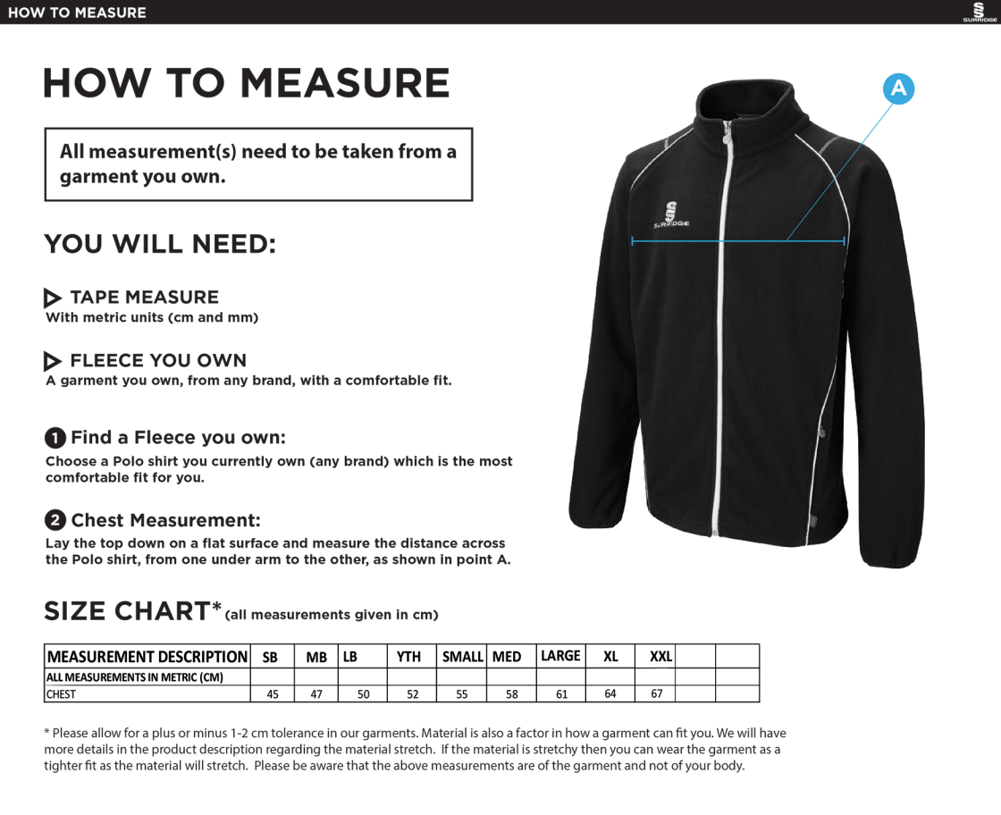 Tetherdown Trundlers CC - Full Zip Fleece Jacket - Size Guide