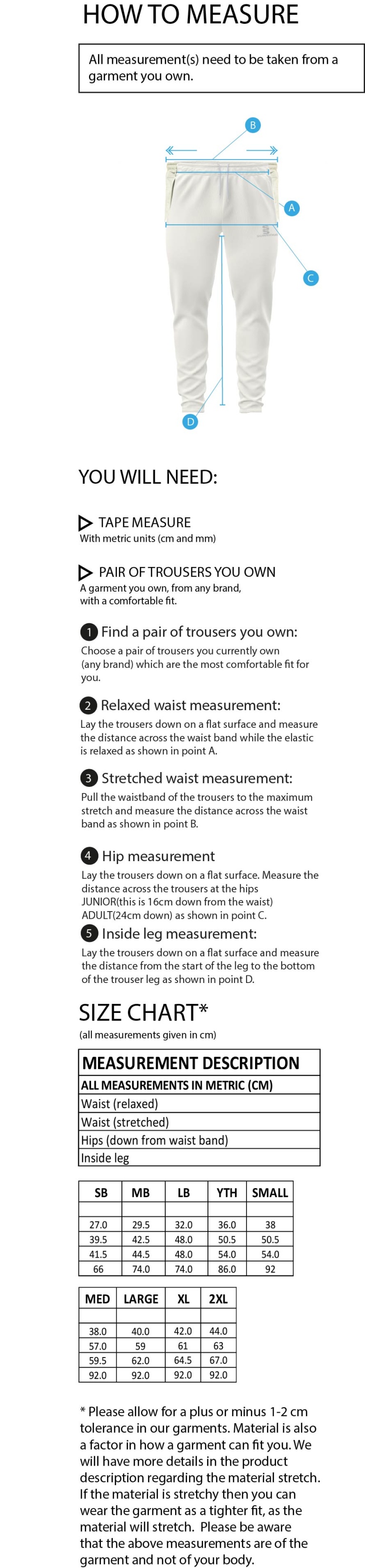Tetherdown Trundlers CC - Tek Playing Pant - Size Guide