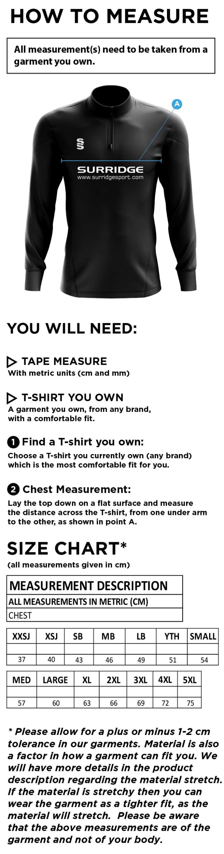 Tetherdown Trundlers CC - Dual Mid-layer - Size Guide