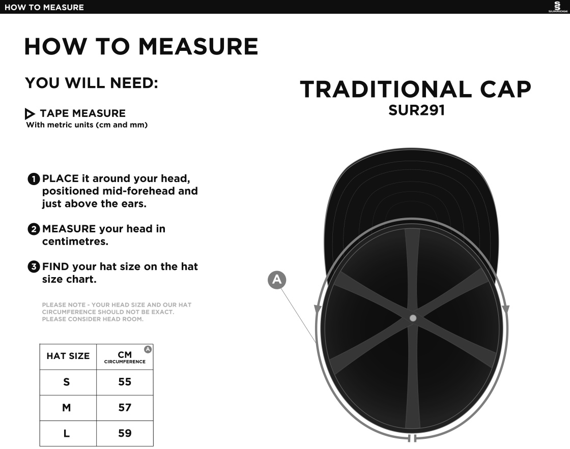 Tetherdown Trundlers CC - English Playing Cap - Size Guide