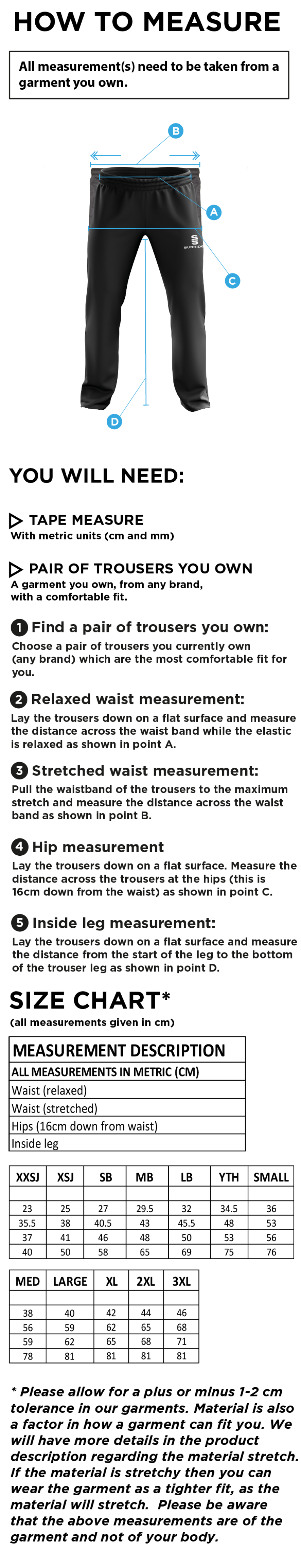 Tetherdown Trundlers CC - Poplin Track Pant - Size Guide
