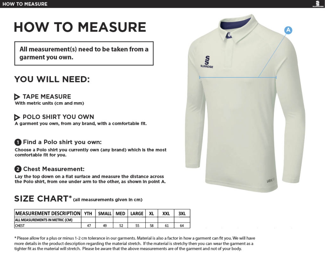Tetherdown Trundlers CC - Ergo Long Sleeve Maroon Trim Shirt - Size Guide