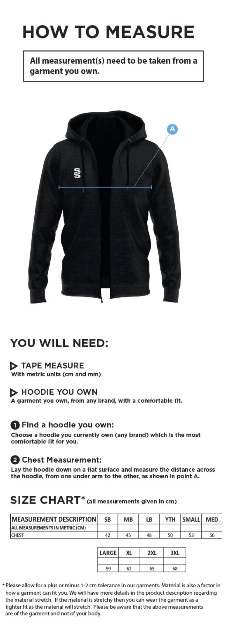 Tetherdown Trundlers CC - Dual Full Zip Hoody - Size Guide